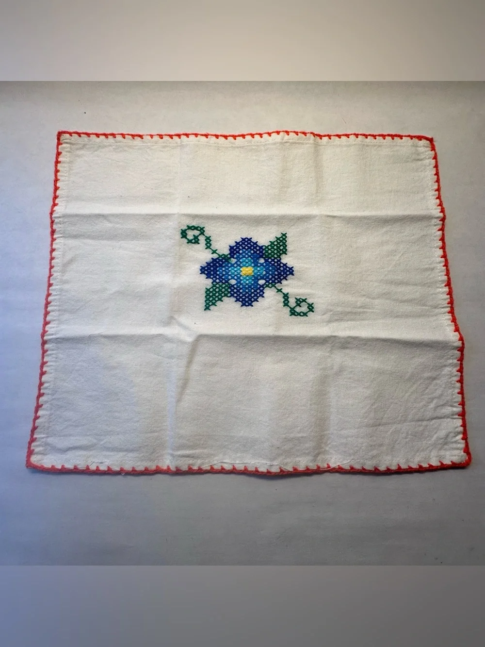 Vintage 4 Hand Embroidered Napkins Blue Flower Cross-Stitch 11